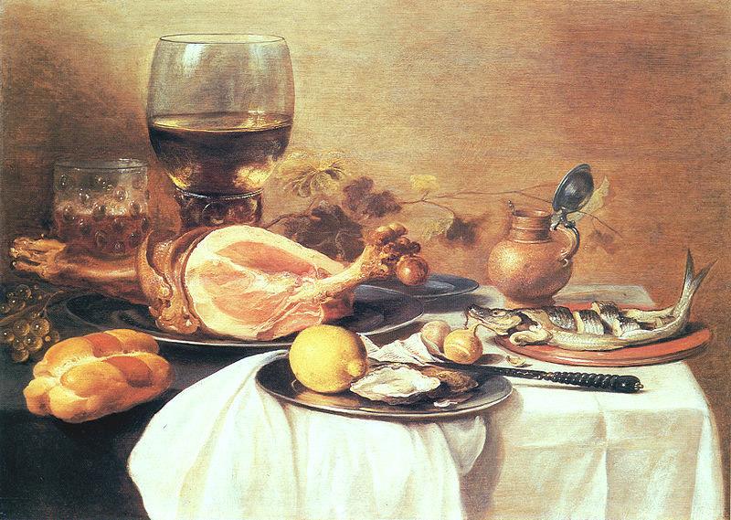 A ham, a herring, oysters, a lemon, bread, onions, grapes and a roemer, Pieter Claesz